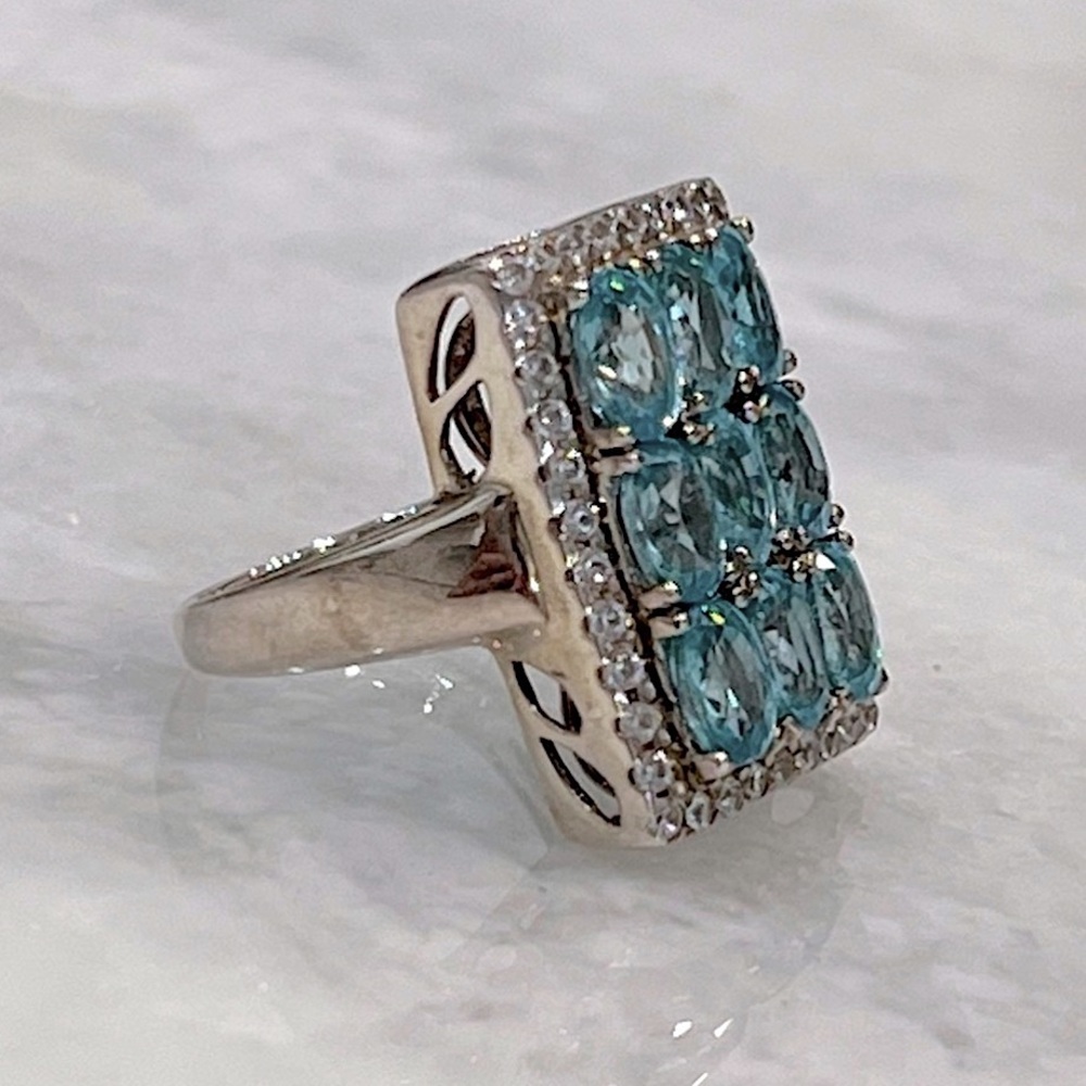 Cambodian Blue Zircon White Zircon Sterling Silver Rectangular Cluster R… - Picture 7 of 14